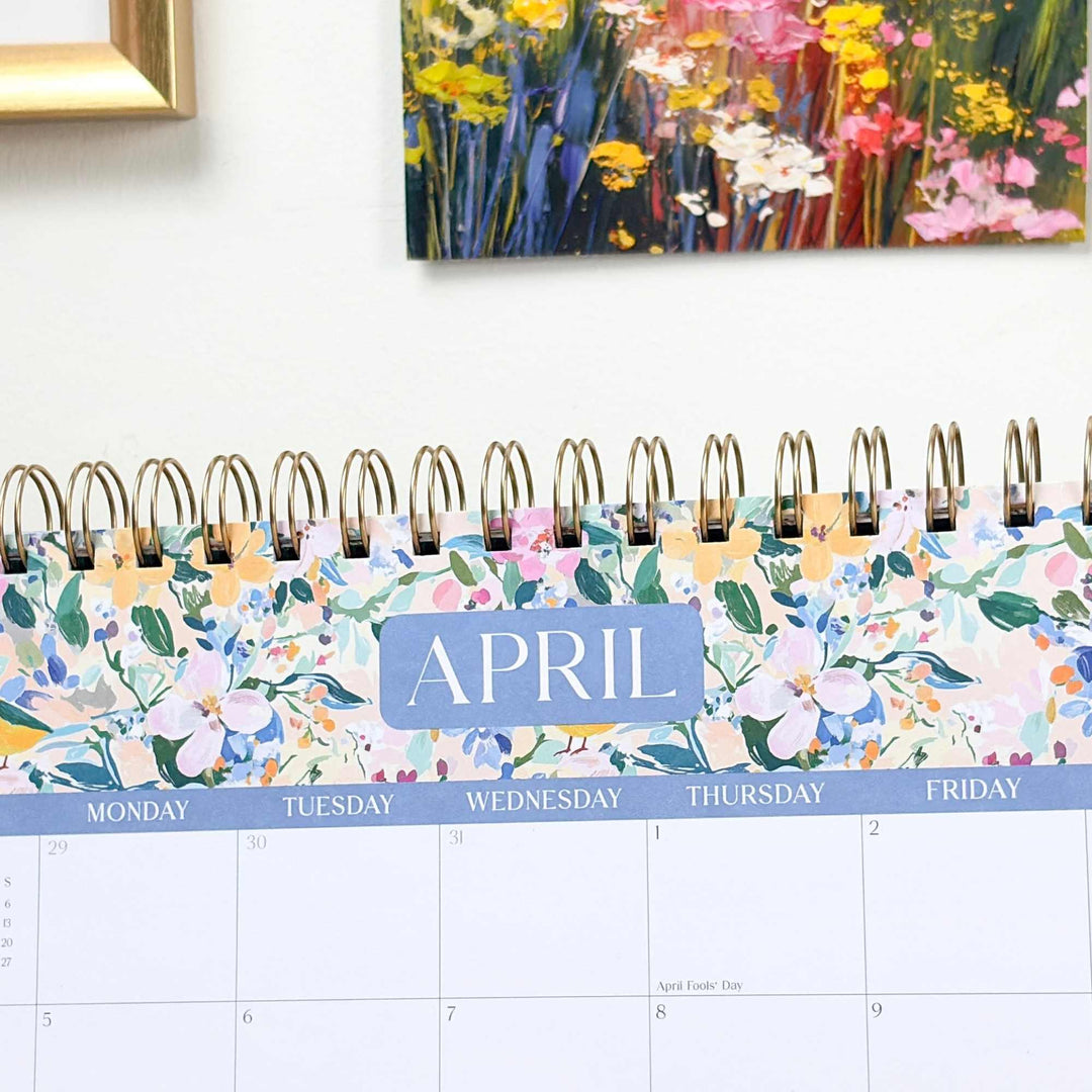 Close up of April monthly view with gold binding, 