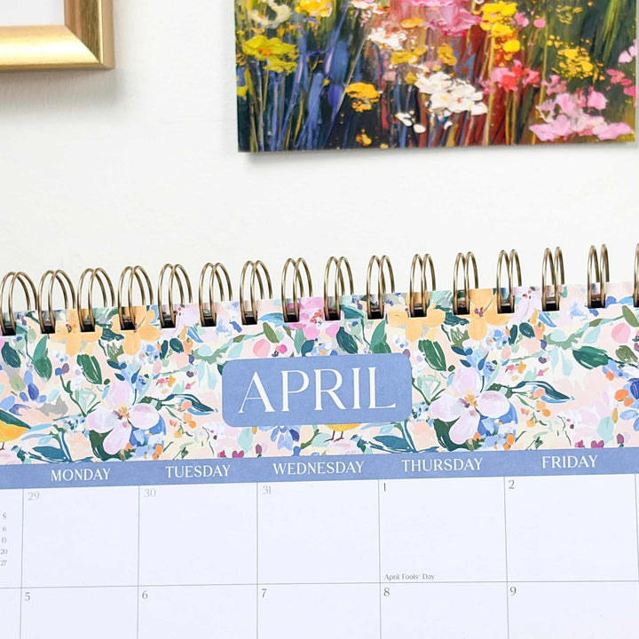 Close up of April monthly view with gold binding, 