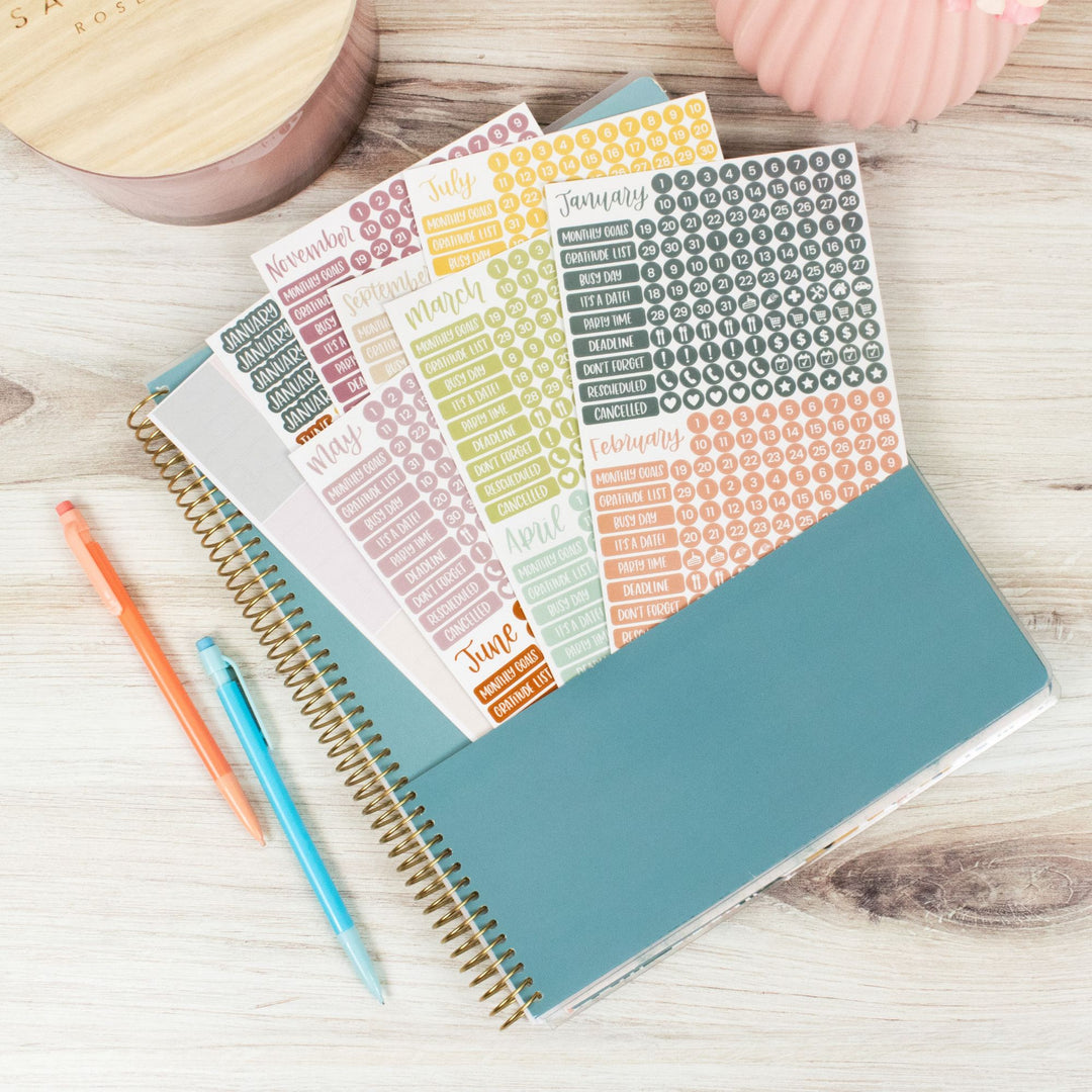 Planner Stickers, Calendar Essentials Pack, Retro Rainbow