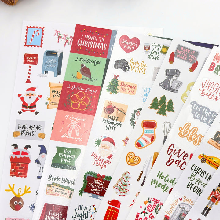 Christmas planner sticker sheets with holiday icons, candy cane elements, and ornament art