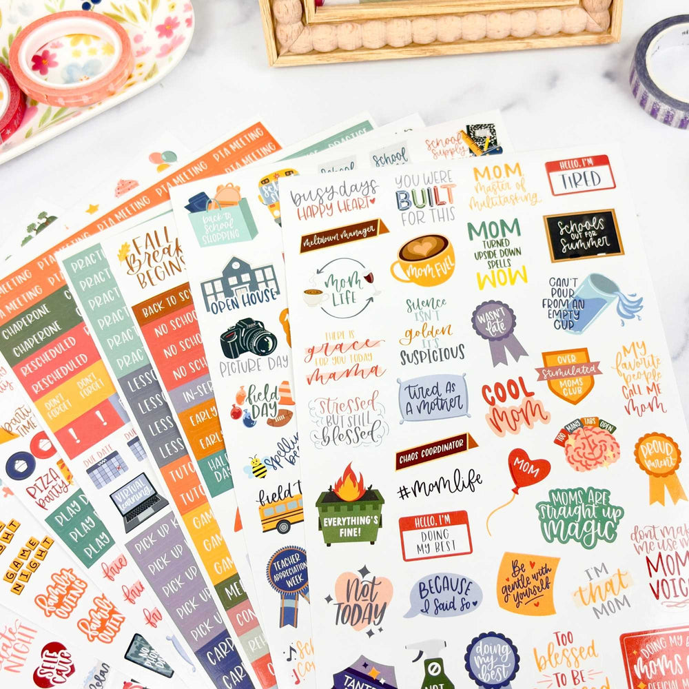 Collection of colorful mom themed planner stickers with various designs and text on a white surface. - hover