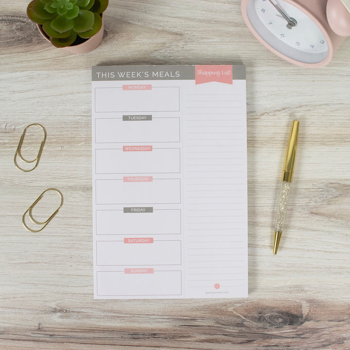 Planning Pad, 6" x 9", Meal Planning Pad with Magnets, Pink & Grey