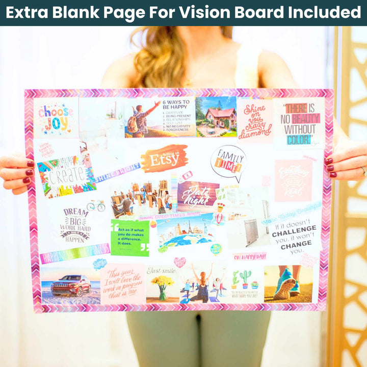 Person holding a colorful vision board with various motivational phrases and images.
