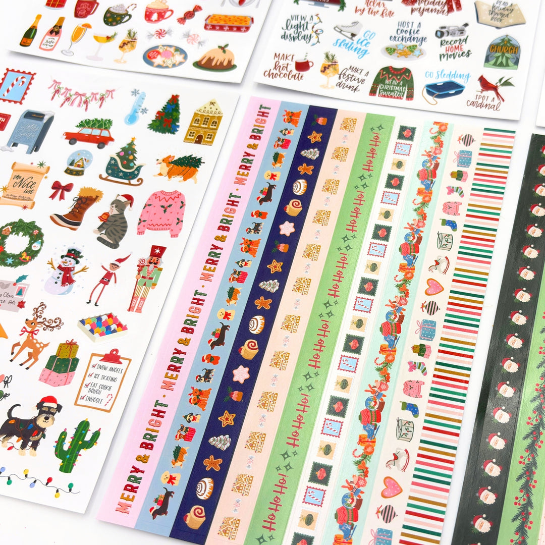 Christmas planner sticker sheets with decorative strips and small winter icon stickers