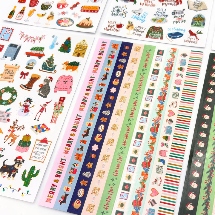 Christmas planner sticker sheets with decorative strips and small winter icon stickers