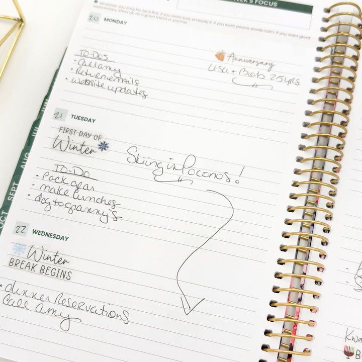 Weekly planner page with handwritten Winter celebration notes and sticker accents