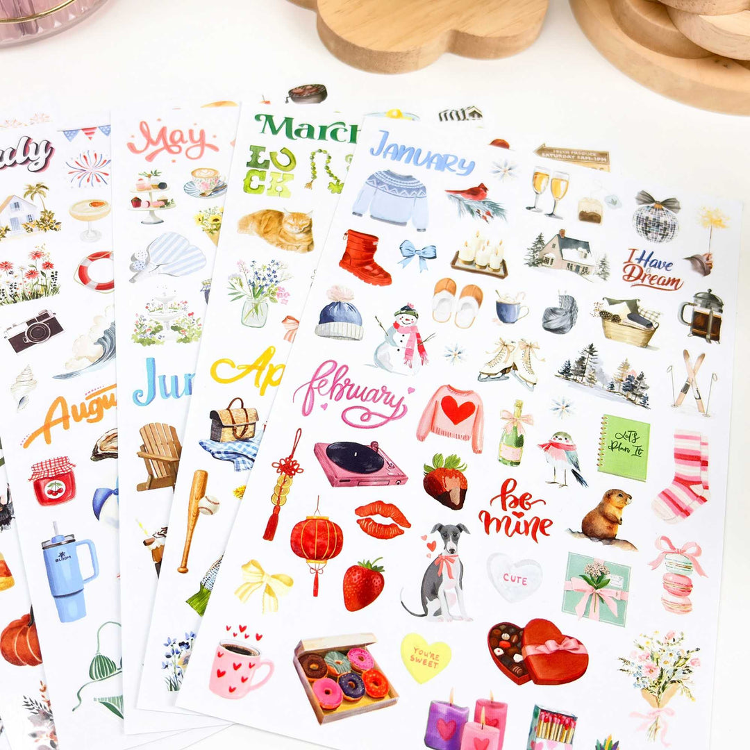 Close-up of winter and spring sheets foregrounded, showing sticker detail