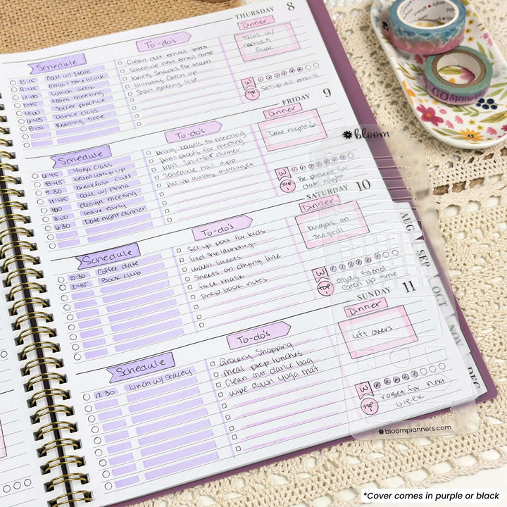 Purple weekly planner spread with to-do and schedule boxes and spiral binding