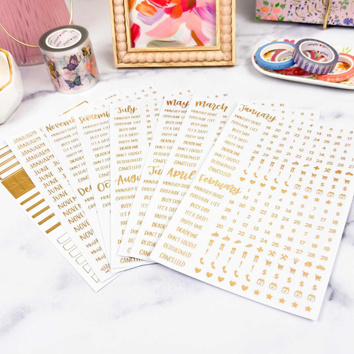 Planner Stickers | Calendar Essentials | Gold Foil on Clear - bloom daily planners