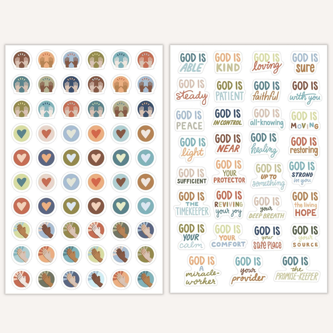 Detailed mock ups of the 3rd and 4th pages showing heart and high five stickers as well as god themed stickers like God is With You. 