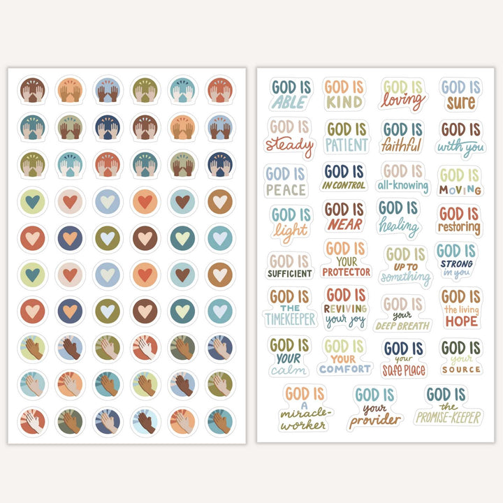 Detailed mock ups of the 3rd and 4th pages showing heart and high five stickers as well as god themed stickers like God is With You. 