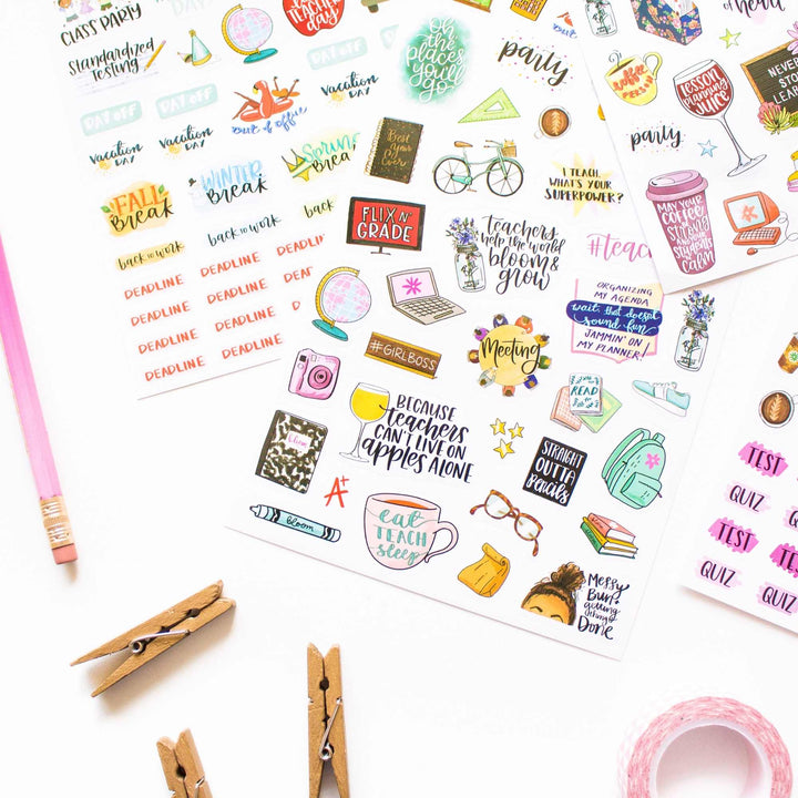 Sheet of colorful hand drawn teacher stickers with various designs and text on a white background.
