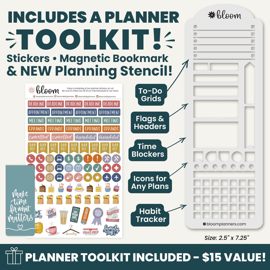 Promotional graphic for a Bloom planner toolkit, showing a large white planning stencil on the right, a sheet of colorful stickers on the left, and text callouts listing included items such as to-do grids, flags and headers, time blockers, icons for any plans, and habit tracker. The top text says the kit includes a planner toolkit, stickers, magnetic bookmark, and new planning stencil.