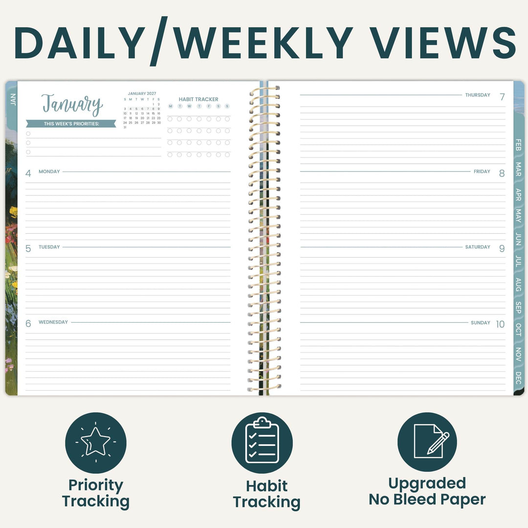 An open spiral-bound planner shown on a light beige background with the heading 'DAILY/WEEKLY VIEWS' at the top and three feature icons below: Priority Tracking, Habit Tracking, and Upgraded No Bleed Paper. The planner pages are mostly white with dark teal text and a teal header accent.