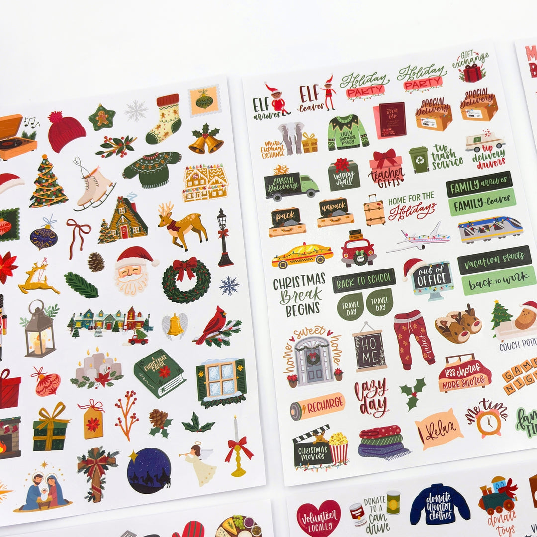 Christmas planner sticker sheets with holiday icons, cards, and gift and vehicle illustrations
