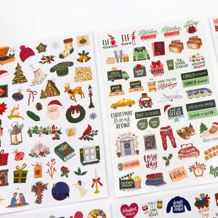 Christmas planner sticker sheets with holiday icons, cards, and gift and vehicle illustrations