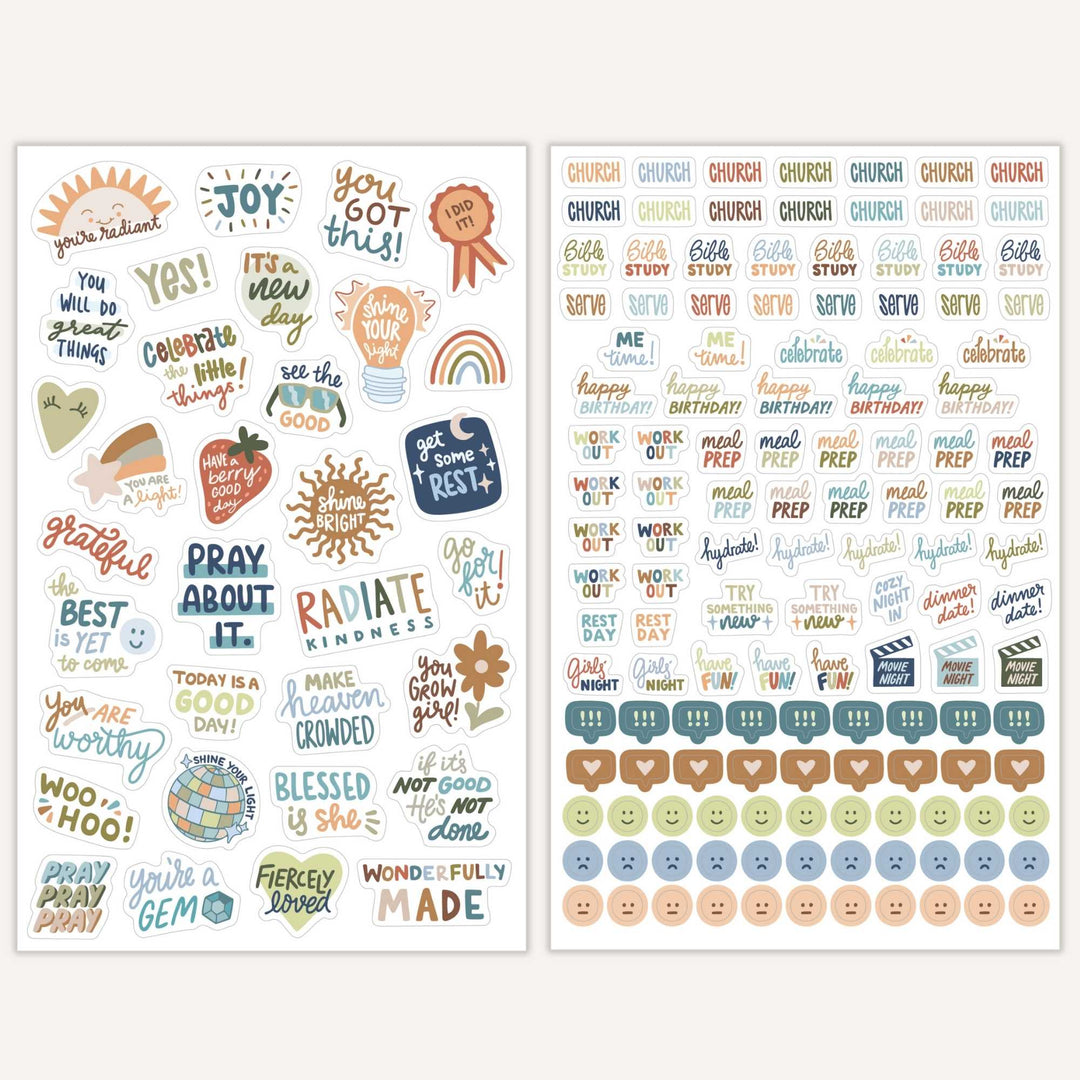Detailed mock ups of the 5th and 6th pages showing faith based handlettered quotes and tactical stickers like church, bible study, and meal prep. 