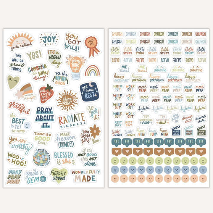 Detailed mock ups of the 5th and 6th pages showing faith based handlettered quotes and tactical stickers like church, bible study, and meal prep. 