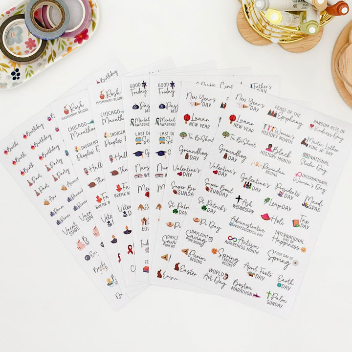 Sheet of holiday celebration stickers with colorful icons and date titles