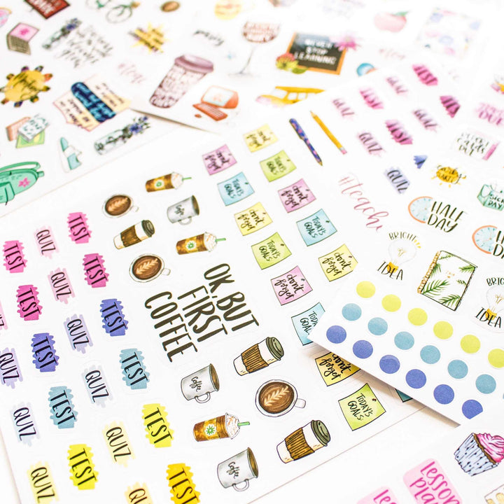 Collection of colorful hand drawn teacher stickers with various designs on a white background