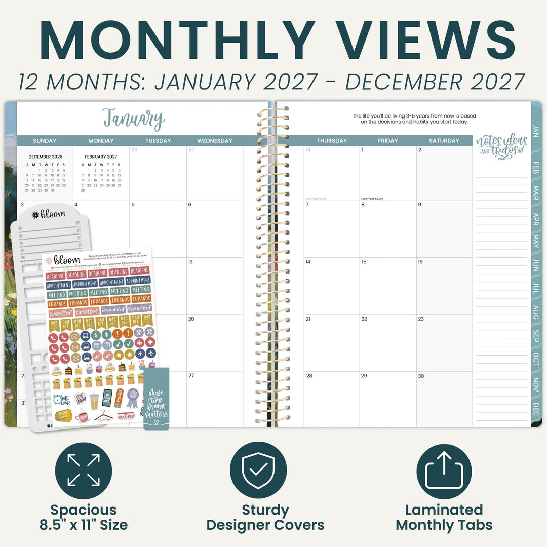 A monthly planner view showing an open spiral-bound planner for January through December 2027, with sticker sheets and planner tabs displayed beside it. Large text at the top reads 'MONTHLY VIEWS' and '12 MONTHS: JANUARY 2027 - DECEMBER 2027,' with feature icons at the bottom describing spacious 8.