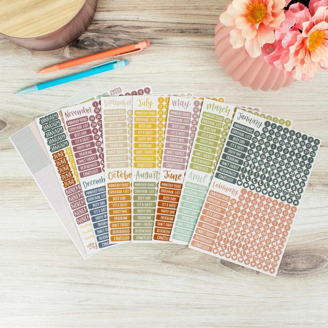 Planner Stickers, Calendar Essentials Pack, Retro Rainbow