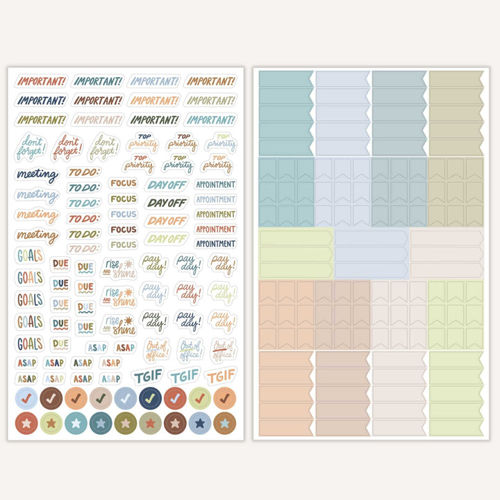 Detailed mock ups of the last two pages showing stickers like important, to-do, and then a page of matte stickers to write on. 
