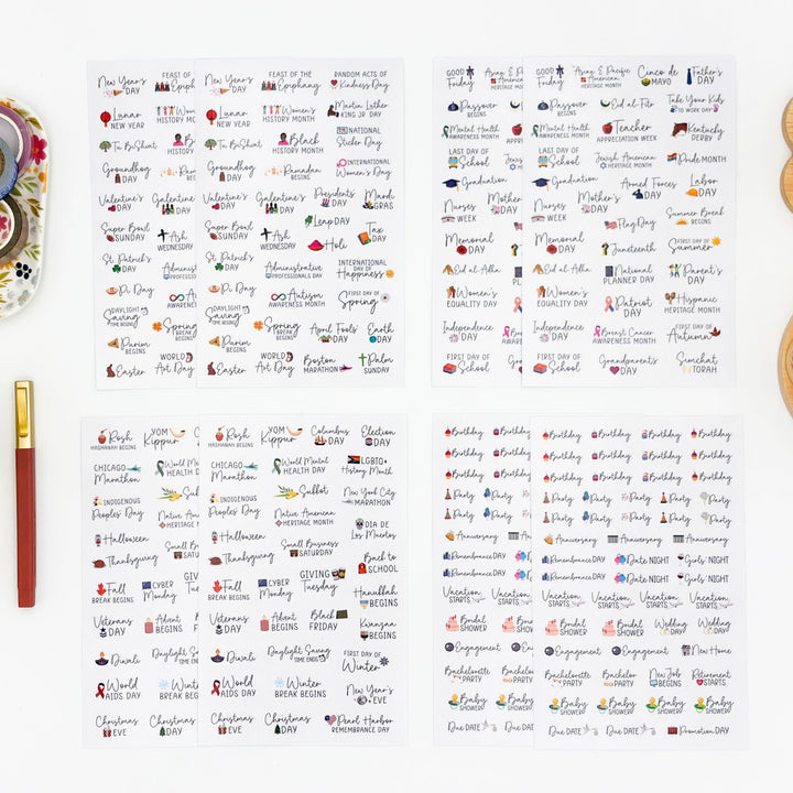 Multiple sheets of holiday celebration stickers with colorful date icons