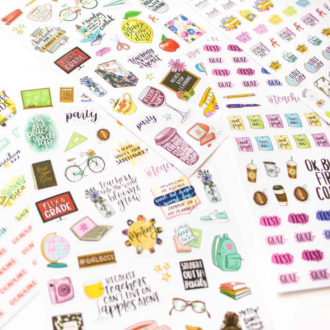 Collection of colorful stickers with various designs and text on a white background