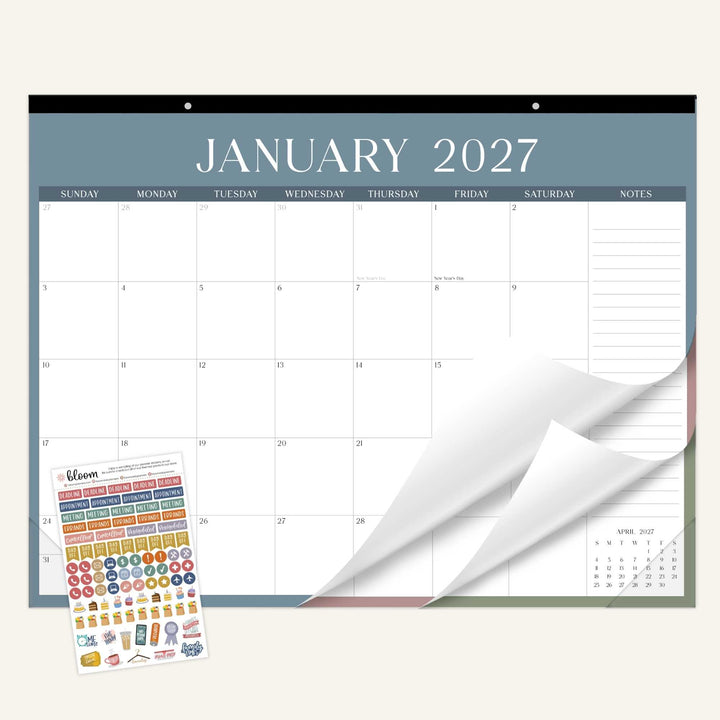 Wall calendar for January 2027 with a set of planner stickers on a white background