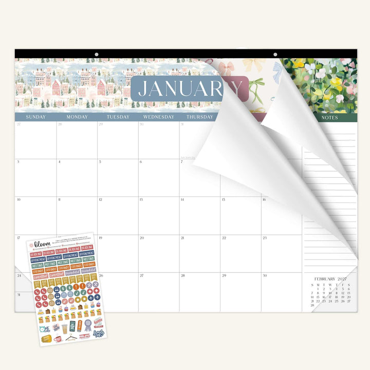 Wall calendar with January layout and a set of colorful stickers on a white background