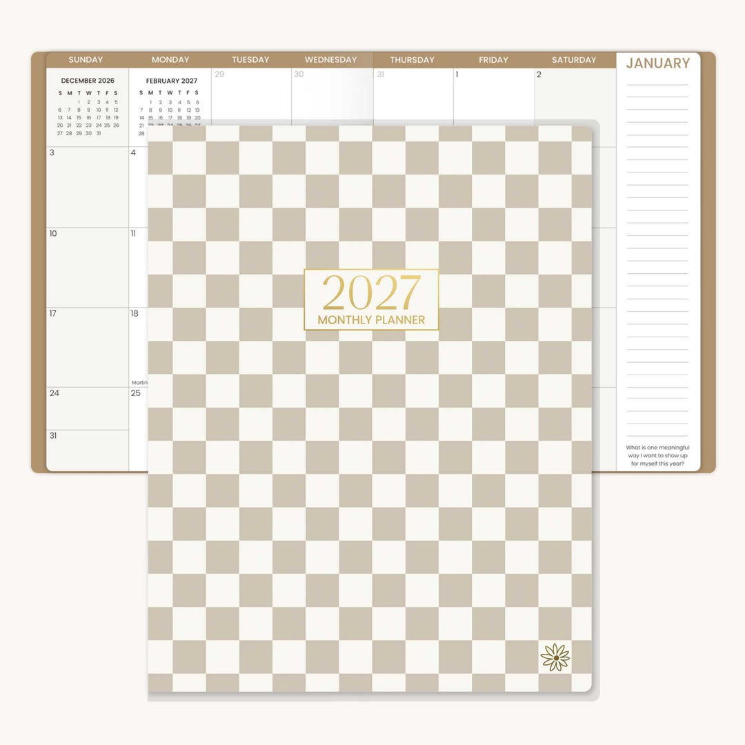 2027 monthly planner with a checkered design on a white background