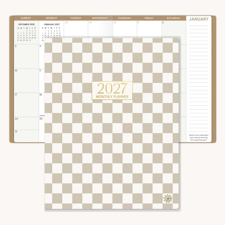 2027 monthly planner with a checkered design on a white background