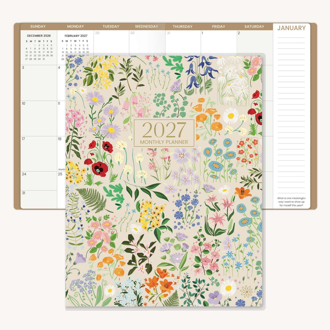 Floral-patterned 2027 monthly planner with calendar layout on a white background.
