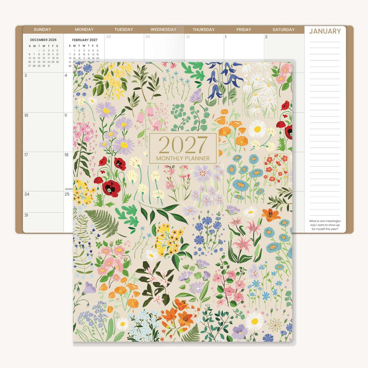 Floral-patterned 2027 monthly planner with calendar layout on a white background.