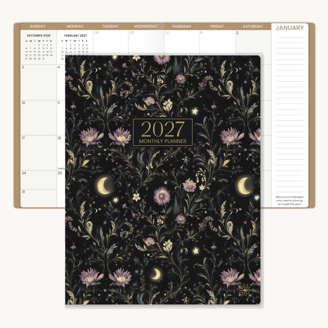 2027 monthly planner with floral design and gold accents