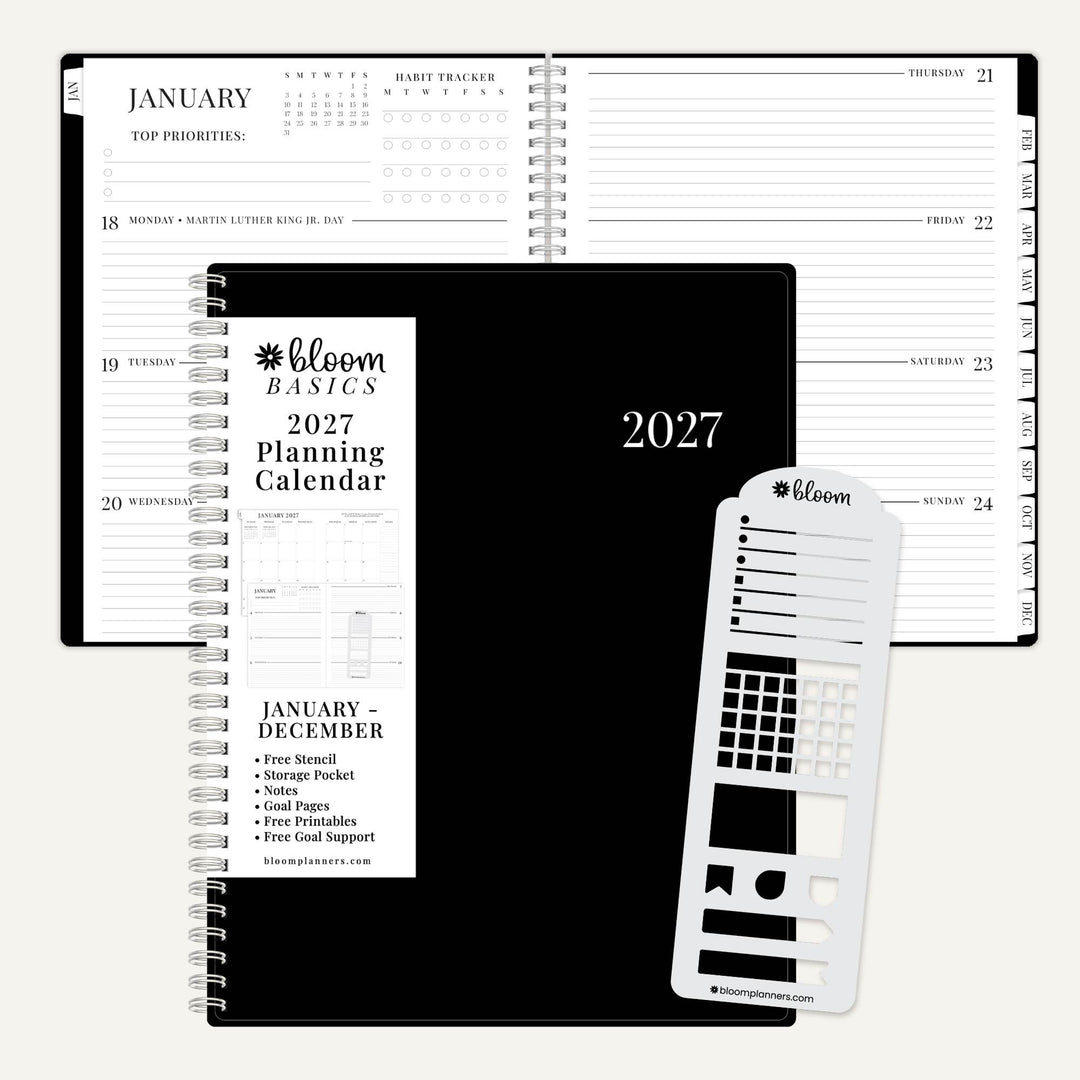 Bloom Basics 2027 spiral-bound planner shown open with interior pages, alongside the black cover, a white planner insert, and a white sticker template on a light gray background.