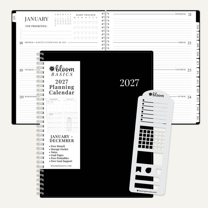 Bloom Basics 2027 spiral-bound planner shown open with interior pages, alongside the black cover, a white planner insert, and a white sticker template on a light gray background.