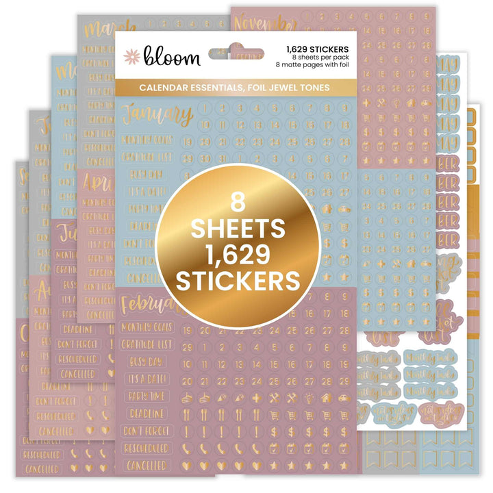 Packaging of 'bloom' planner stickers with foil and jewel tones on a white background.