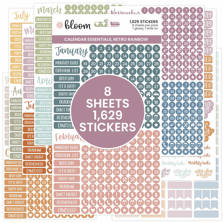 Planner Stickers, Calendar Essentials Pack, Retro Rainbow
