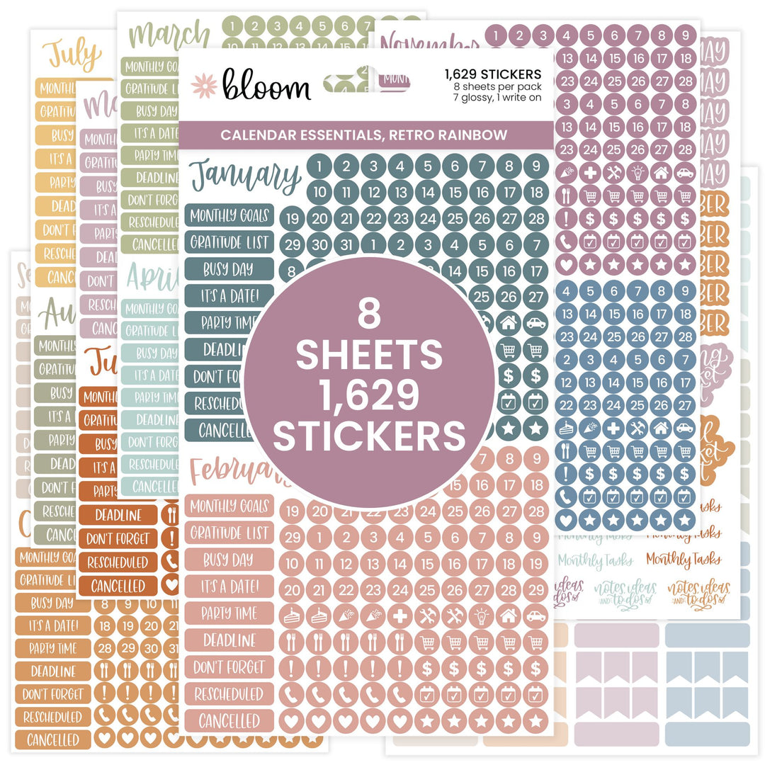 Planner Stickers, Calendar Essentials Pack, Retro Rainbow