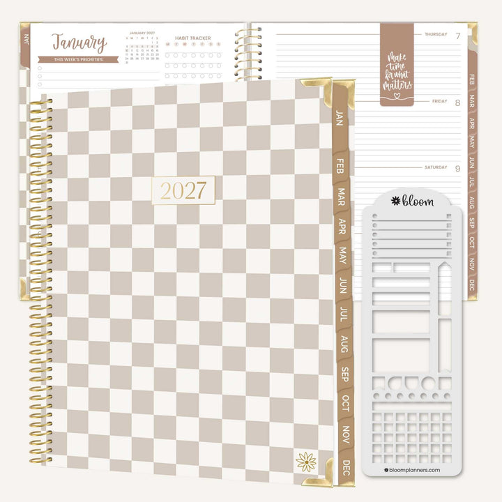 A spiral-bound 2027 planner page spread showing a beige-and-white checkerboard cover, weekly planner inserts, and a white Bloom planner sticker on a clean white background.