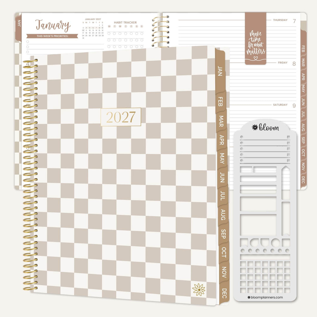A 2027 spiral-bound planner shown open to a beige and white checkerboard monthly page, with coordinating planner inserts and tabs in a soft neutral palette. The brand name bloom planner is visible on the insert.