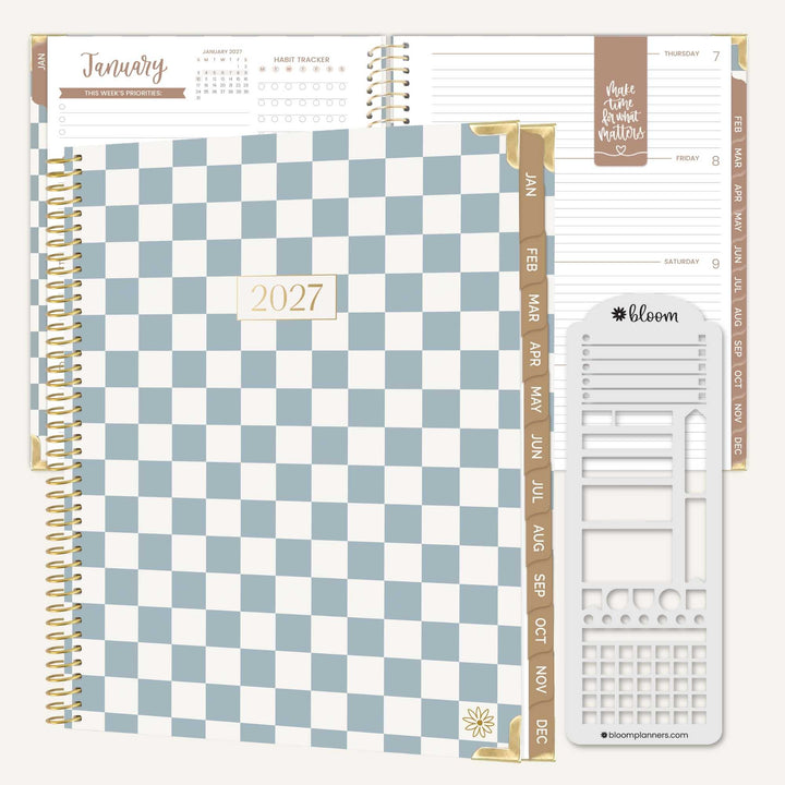 Cover and inside spread of a 2027 bloom teal checkered daily and weekly hard cover planner.