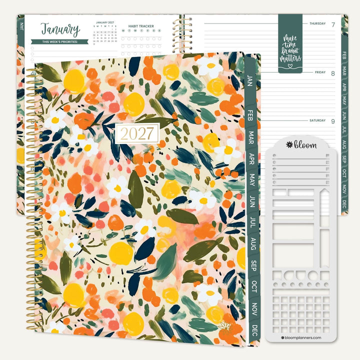 A spiral-bound 2027 weekly planner shown open to a floral cover page and interior weekly layout, with a white sticker strip labeled bloom planner stickers placed beside it on a clean white background.