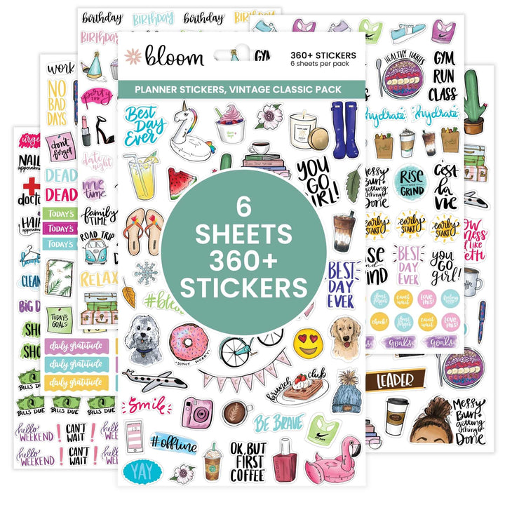 Collection of classic everyday planner stickers with various designs on a white background