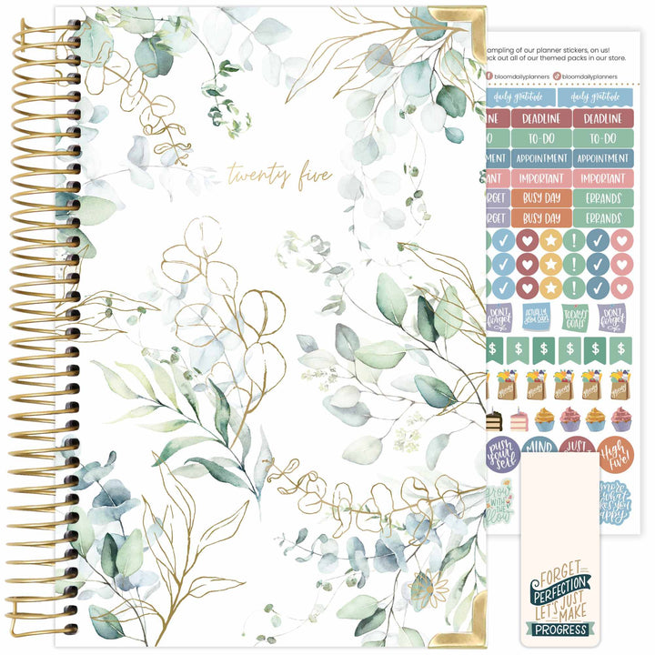 2025 Hard Cover Planner, 5.5" x 8.25", Eucalyptus, White