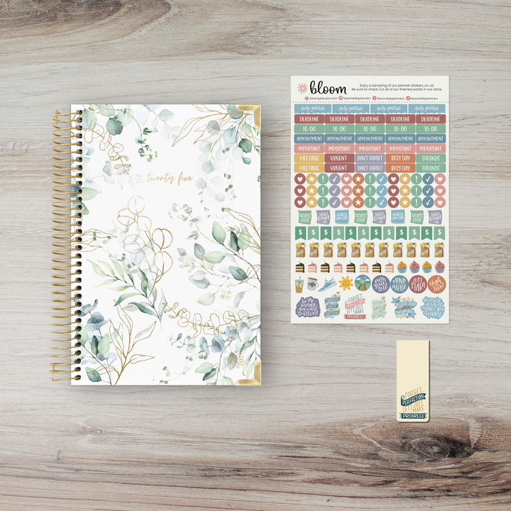 2025 Hard Cover Planner, 5.5" x 8.25", Eucalyptus, White