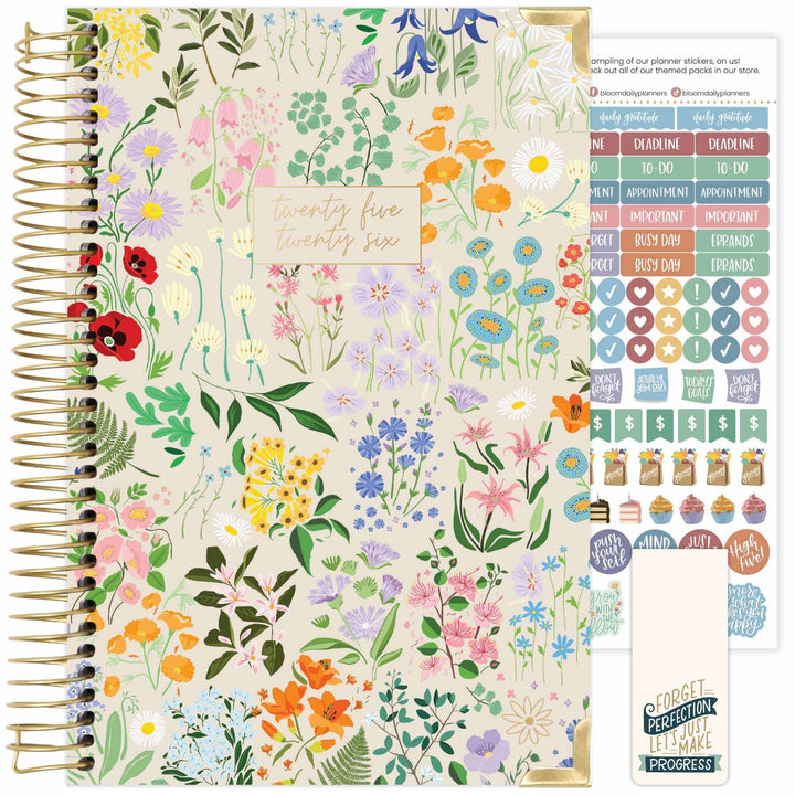 2025-26 Hard Cover Planner, 5.5" x 8.25", Garden Party, Beige