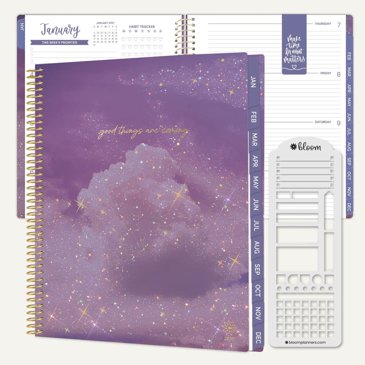 A spiral-bound planner shown open with a large purple glittery cloud cover on the front, plus interior pages and a white sticker sheet labeled bloom planner stickers. The visible text includes 'good things are coming' and 'make time for better matters.